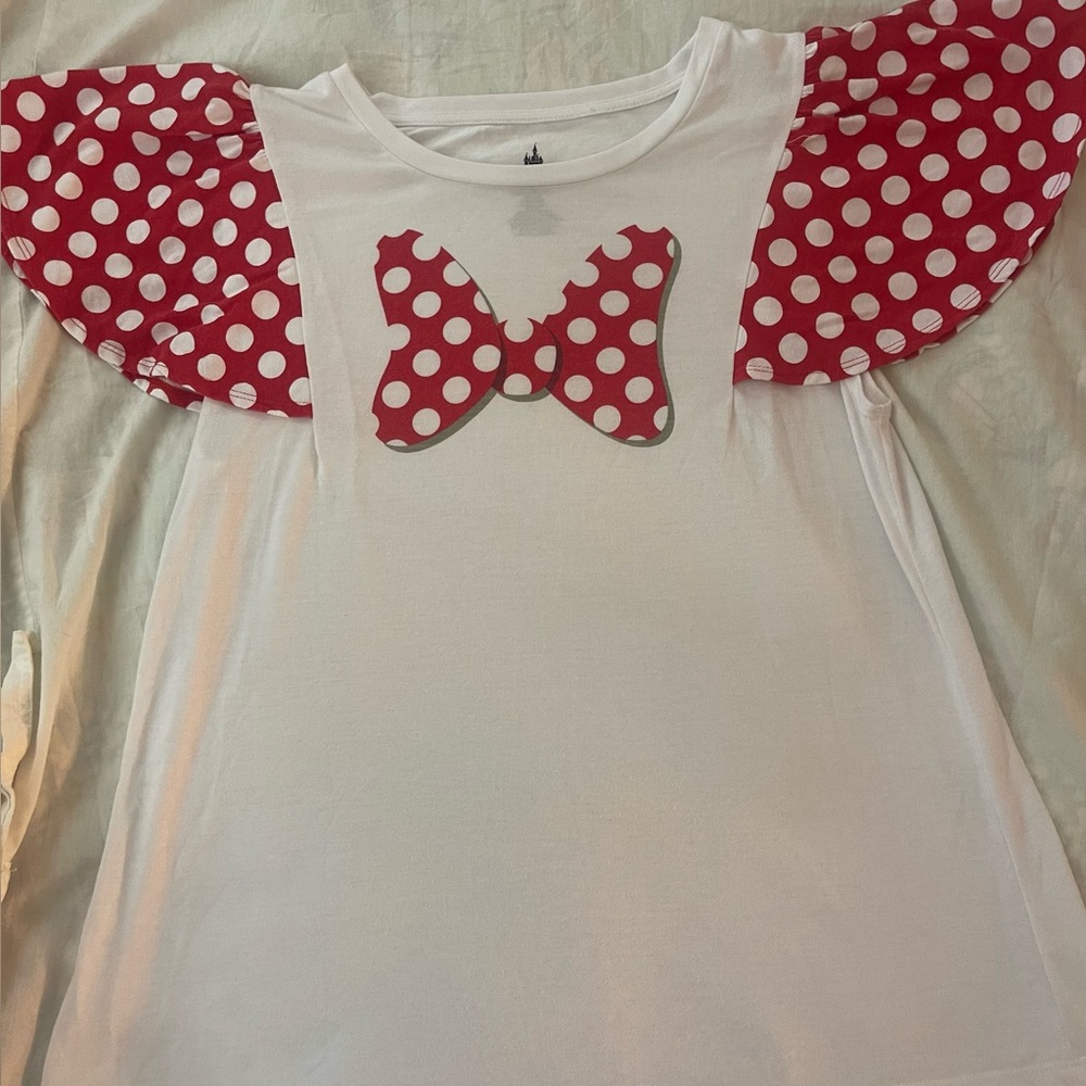 Disney White Top with Red Polka Dot Bow and Sleeves